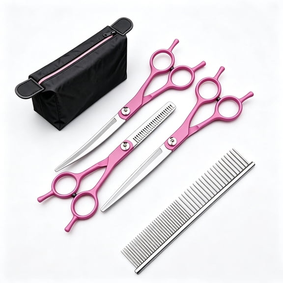 5 in 1 Premium Scissors, Professional Dog Scissors for Grooming with Safety Round Tips, SSteel Thinning Shears Cat Shears for Grooming Kit, Pink