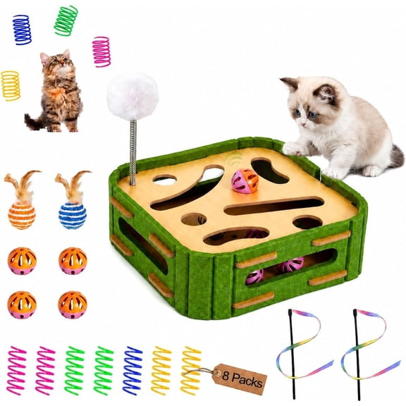 5-in-1 Puzzle Box for Indoor Cats Boredom Interactive Wooden Enrichment Maze with Balls, Wands & Spiral Springs, Slow Feeder Dispenser for Kittens & Adult Cats