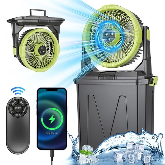 5-in-1 Rechargeable Misting Fan 10L Tank 20000mAh Backup Power, 4 Mist 4 Wind RGB Light Remote Timer for Camping RV Patio