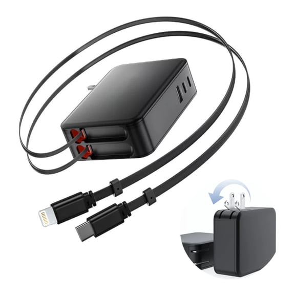 65W 5-in-1 Retractable Fast Wall Charger, Foldable Plug, Dual 3.77ft Cables, Portable Travel Adapter for iPhone, iPad, Samsung