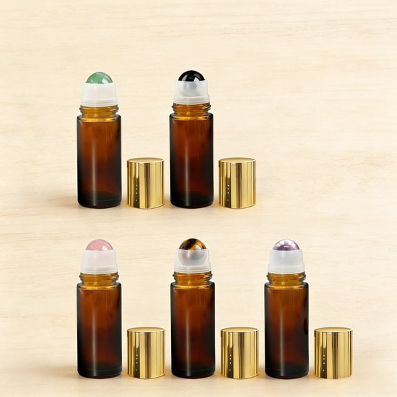 5 in 1 Roller Bottles for Essential Oils, 50ml Refillable Amber Glass with Natural Crystal Balls & Gold Caps