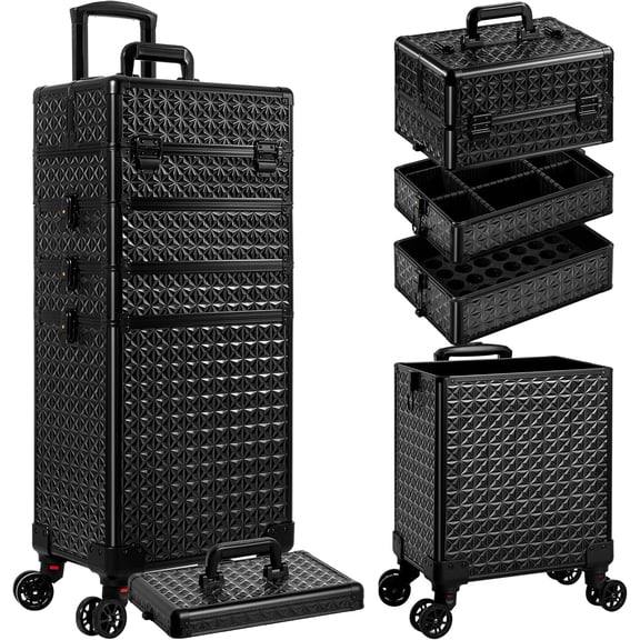 5 in 1 Rolling Case Case Wheels Large Organizer Travel Cart for Hairstylist Artist Beauty Salon Barber,Black