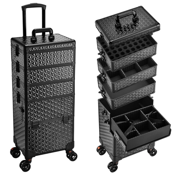5 in 1 Rolling Makeup Train Case Cosmetic Trolley Professional Salon Barber Box Large Cosmetology Case on Wheels