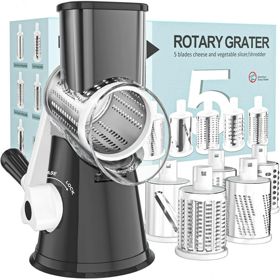 5 in 1 Rotary Cheese Gra Hand Crank Cheese Shredder for Fresh Cheese, Vegetable, Nuts, Non, slip Suction Base, Black