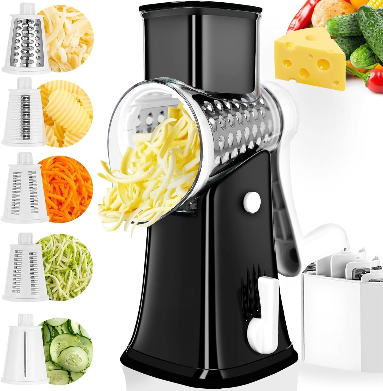5 in 1 Rotary Cheese Grater Hand Crank, Cheese Shredder with Handle ...