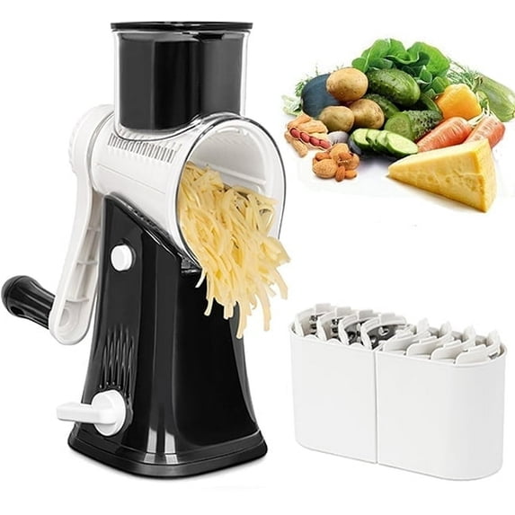 5-in-1 Rotary Cheese Grater, Upgraded Cheese Shredder with 5 Interchangeable Blades and Powerful Suction Base, Dishwasher Safe, Black