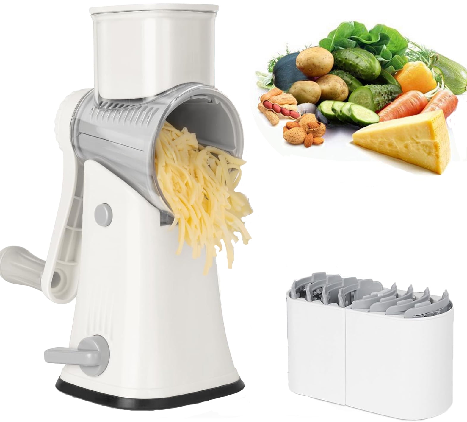 White 5-in-1 Rotary Cheese Grater with Handle and Suction Base