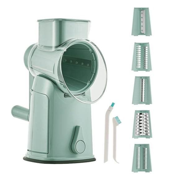 5-in-1 Rotary Cheese Grater with Strong Suction Base, 5 Interchangeable Blades, Easy to Clean, Hand Crank Kitchen Shredder for Vegetables & Fruits(Green)