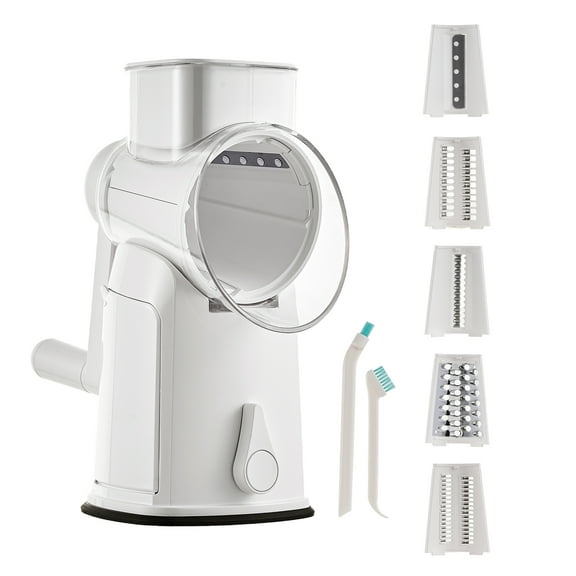 5-in-1 Rotary Cheese Grater with Strong Suction Base, 5 Interchangeable Blades, Easy to Clean, Hand Crank Kitchen Shredder for Vegetables & Fruits(White)