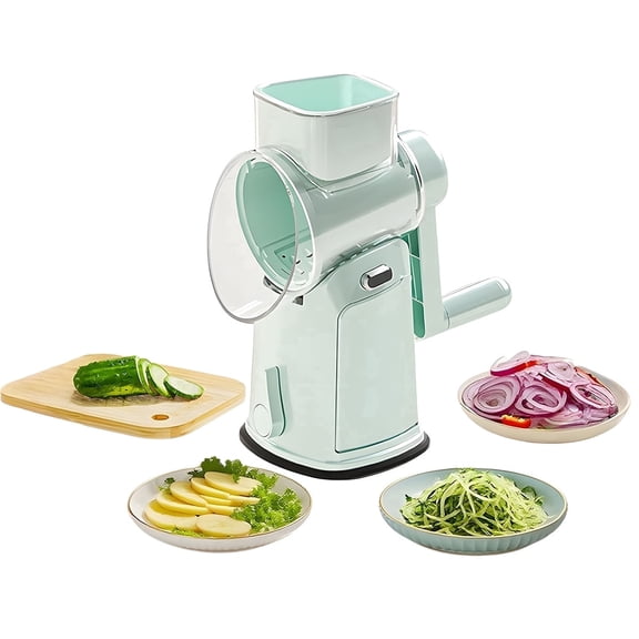 Keai Manual Rotary Vegetable Cutter with 10 Stainless Steel Blades, Suction Cup Base and Safety Handle, Removable Washable Food Chopper for Kitchen Slicing Cheese Grating