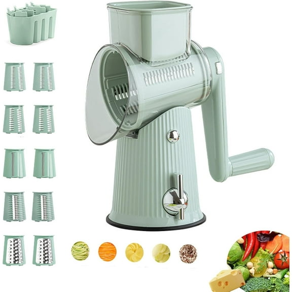 5-in-1 Rotary Cheese Grater & Vegetable Slicer with 5 Stainless Steel Blades, Suction Cup Base & Easy-Clean Design | Manual Food Processor for Cheese, Potatoes, Carrots