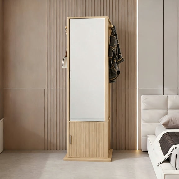 360 Rotating Jewelry Cabinet with Full Length Mirror, Standing Makeup Storage Organizer with Coat Rack