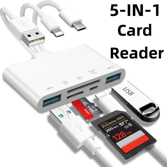 5-in-1 SD Card Reader for iPhone iPadUSB OTG Adapter & SD Card Reader, Compatible with Camera, MacBook, Android, Flash Drive, Hard Disk, PC, Tablet