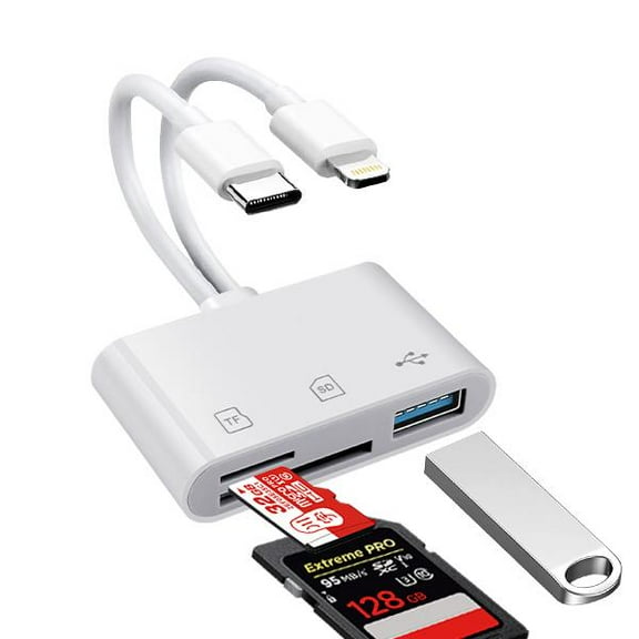 5-in-1 SD Card Reader for iPhone,iPad,Android – Dual USB-C & Lightning Adapter, Supports SD/MicroSD/USB 3.0, Fast Transfer, Plug & Play, No App Needed