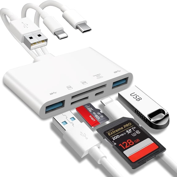 5-in-1 SD Card Reader for iPhone iPad with USB A & Charging Port, [MFi Certified] High-Speed Trail Game Camera Viewer, Simultaneous Charging and Reading, SD Camera Adapter Plug and Play