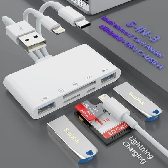 5-in-1 SD TF Memory Card Reader for iPhone iPad with USB OTG & Charging Port,Lightning + USB A + USB C to SD Memory Card Reader for iPhone/iPad/Android/MacBook/PC/Tablet/Camera/Hard Disk/Flash Drive