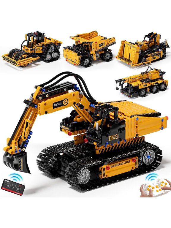 5-in-1 STEM Construction Vehicle Set, 535Pcs RC + App, Excavator Crane Truck Bulldozer Roller, Compatible with Lego-Technic-Set