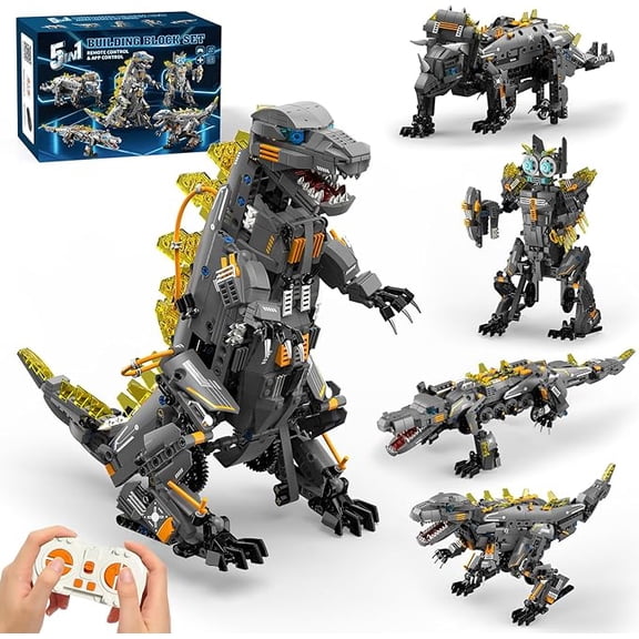 5-in-1 STEM Dinosaur Robot Building Kit for Kids Ages 8-12, 935-Piece App and Remote Control Building Set, DIY Tyrannosaurus, Triceratops, Crocodile, Robot and Monster Toy