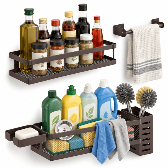 Wall Tech Rack 5-in-1 Shower & Kitchen Organizer Set Wall Mount Wide Spice Rack With ...