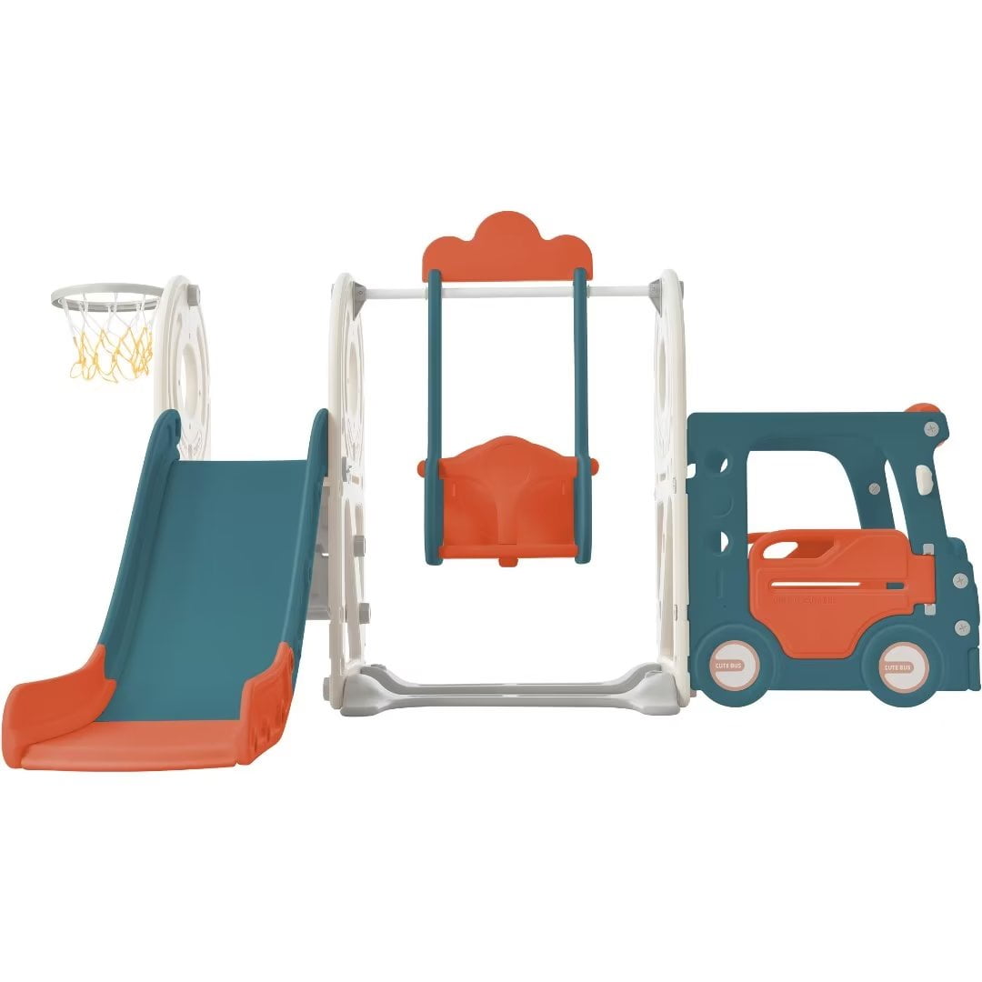 5in1 Slide and Swing Set, Toddler Slide Swing Set with Bus Play