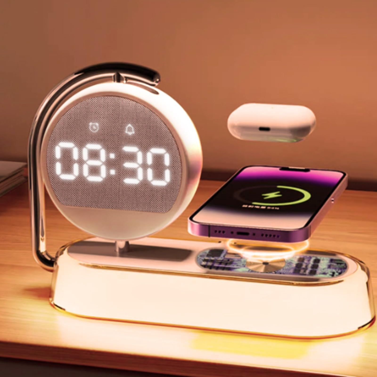 5-in-1 Smart Bedside Lamp – Wireless charger & digital clock, 15W fast charging for phones/headphones. Features 3-level night light, multi-protection alarm clock (White)