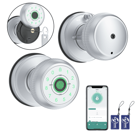 5-in-1 Smart Door Knob,Gavdhe Keyless Smart Door Lock Smart Deadbolt with App Control & Fingerprint & 2 Keys,Smart Fingerprint Door Knob, Keyless Entry for Home, Office, Garage & Apartment - Silver