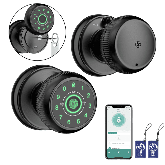 5-in-1 Smart Door Knob,Gavdhe Keyless Smart Door Lock Smart Deadbolt with App Control & Fingerprint & 2 Keys,Smart Fingerprint Door Knob, Keyless Entry for Home, Office, Garage & Apartment - Black