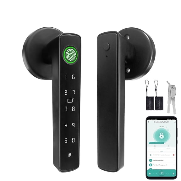 Keypad Door Lock with Handle, 5-in-1 Fingerprint Smart Lock App access management, Auto Lock, remote unlocking and Privacy/Passage modes for bedrooms, home offices and apartments.