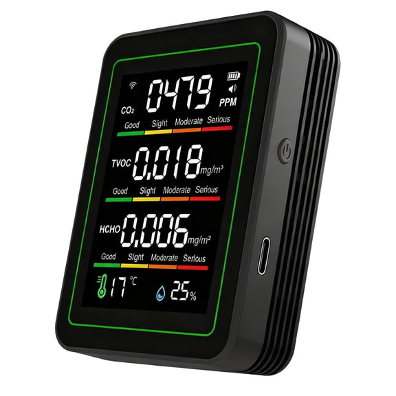 5in1 Smart WiFi Indoor Air Quality Monitor, Detects CO2, HCHO, TVOC, Temperature & Humidity, App Control with Alarm, Timer & Clock for Home Office
