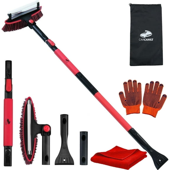 CarCarez 5-in-1 Extendable Snow Brush and Ice Scraper Kit for SUV and Car Windshield, 31–39" Handle with Gloves & Towel