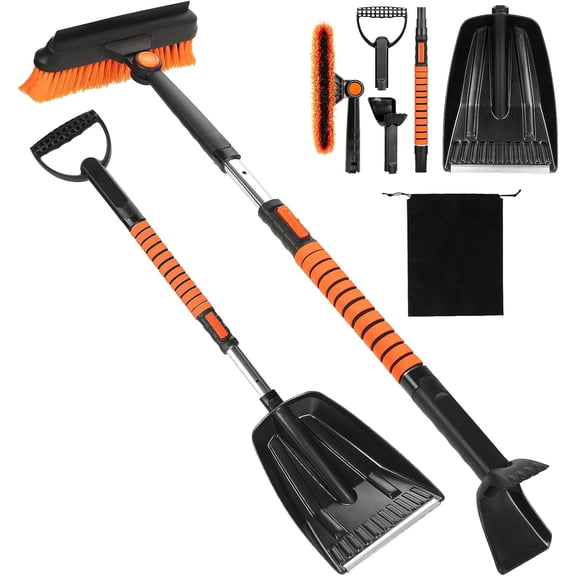5-in-1 Snow Shovel Kit, Car Replaceable Rotatable Head Snow Removal Brush Kit with Ergonomic D-Handle for Car Snow Brush & Shovel Maintenance black