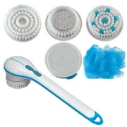5 in 1 Spinning Shower Scrubber, Battery Operated, Long Handle, High/Low Speed Adjustments - Exfoliation, Cleansing, Massaging - For All Skin Types