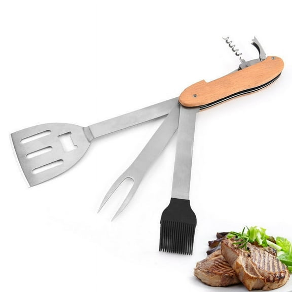 5-in-1 Stainless Steel BBQ Grill Tool Set | Detachable Folding Spatula Fork Basting Brush | Compact Outdoor Camping & Travel Cooking Utensils | Includes Corkscrew & Bottle Opener