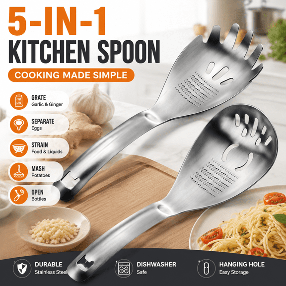5-in-1 Stainless Steel Cooking Spoon, Multifunctional Kitchen Tool with Garlic Ginger Grater, Food Strainer, Potato Masher, Egg Separator and Bottle Opener
