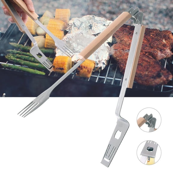 5-in-1 Stainless Steel Grill Tool Set with Detachable Tongs, Spatula, Fork, Bottle Opener, and Meat Saw for Outdoor BBQ and Camping