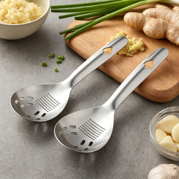 5-in-1 Stainless Steel Slotted Spoon, Heavy‑Duty Cooking Spoon with Press Holes, Kitchen Multifunction Spoon for Grating Ginger And Garlic, Separating Egg and Openeing Bottle