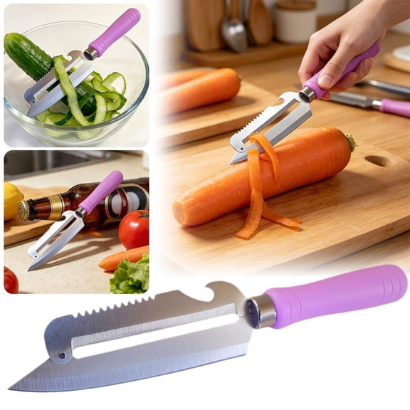 5-in-1 Stainless Steel Vegetable Peeler Multifunction Kitchen Tool with Plastic Handle Peeling Slicing Julienne Fish Scaler Bottle Opener Ergonomic Non-Slip Kitchen Gadget