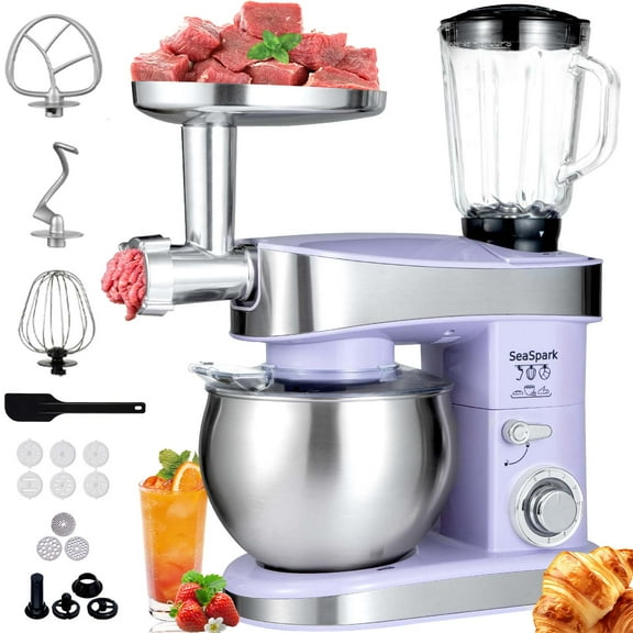 5-in-1 Stand Mixer, 6.3 QT Stainless Steel Bowl, 1.5L Blender, 400W Electric Mixer, Juicer, Meat grinder, 6 Speed, Purple