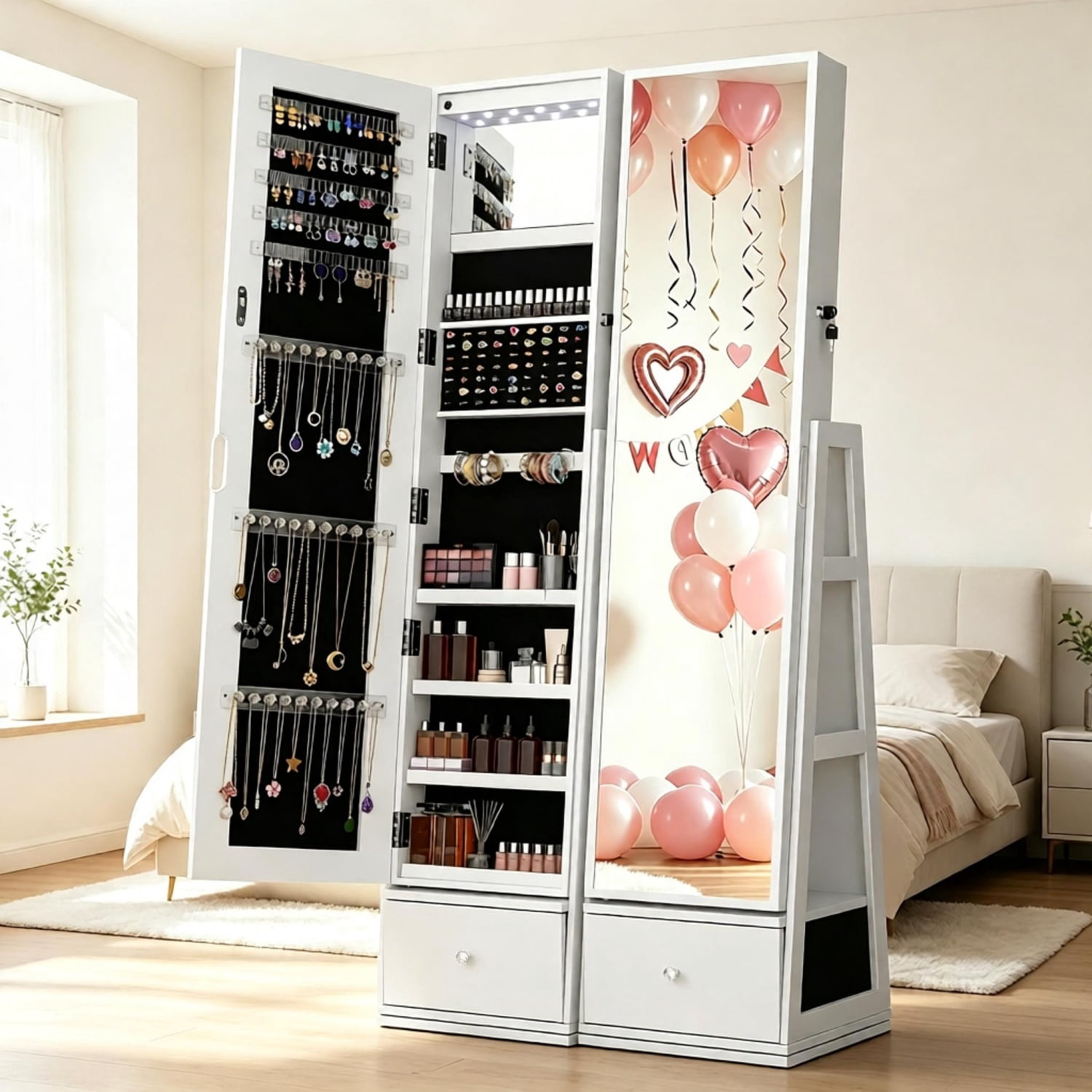 5 in 1 Standing Jewelry Armoire with LED Lights, 360° Swivel Jewelry Cabinet Organizer with Drawer & Full Length Mirror, White