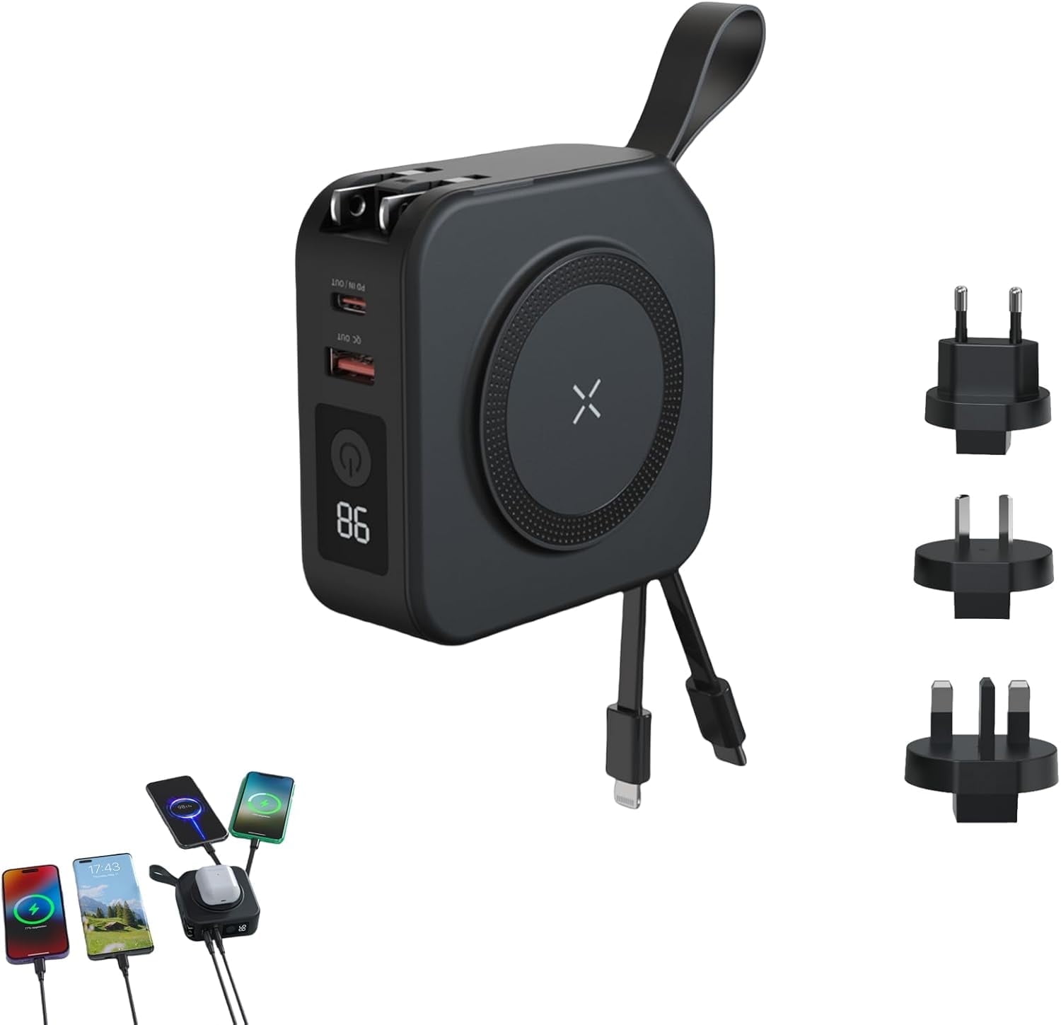 5 in 1 Super Charger Wireless Charging World Travel Charger and Adaptor 10000mah Power Bank - Black