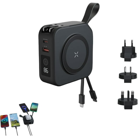 5 in 1 Super Charger Wireless Charging World Travel Charger and Adaptor 10000mah Power Bank - Black