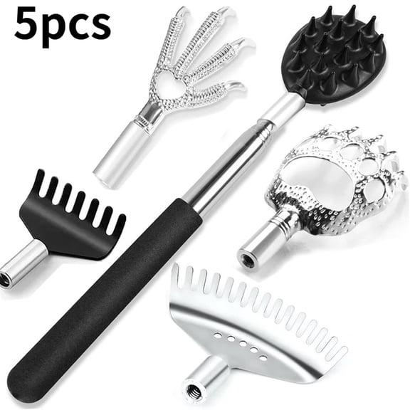 5-in-1 Telescopic Back Scratcher Set, Extendable Back Massager Tool with Interchangeable Heads, Portable Itch Relief Kit