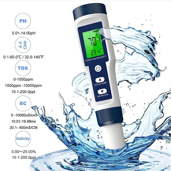 Digital PH Meter, 5 in 1 Pool Salt Tester for Water PH / TDS / EC / Salinity / Temp Meter with ATC, for Household Drinking Water Hot Tub Spas Fish Tank