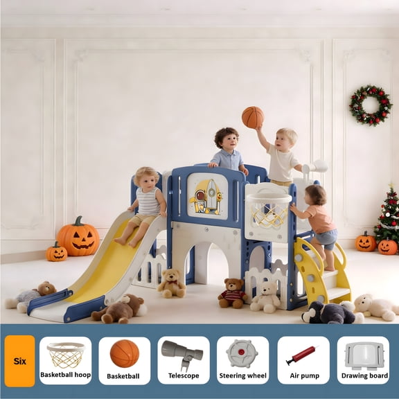 5-in-1 Toddler Slide Set with Basketball Hoop & Drawing Board, Indoor Outdoor Slide for Toddlers,BLUE YELLOW