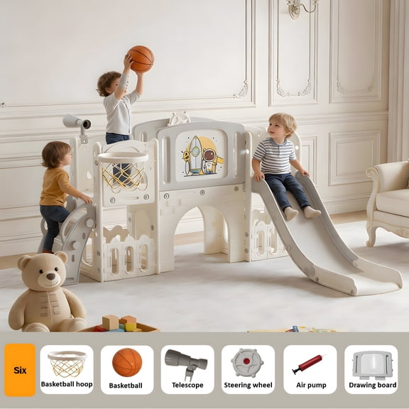 5-in-1 Toddler Slide Set with Basketball Hoop & Drawing Board, Indoor Outdoor Slide for Toddlers,GREY WHITE