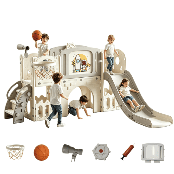 5-in-1 Toddler Slide Set with Basketball Hoop & Drawing Board, Indoor Outdoor Slide for Toddlers,GREY WHITE