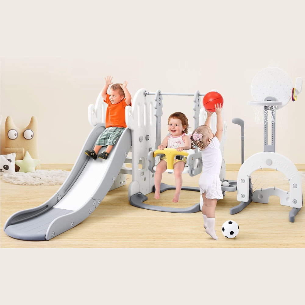 5 in 1 Toddlers Slide and Swing Set, Kids Slides w/Climber, Basketball Hoop, Ball, Indoor Outdoor Playground Swing Slide Set