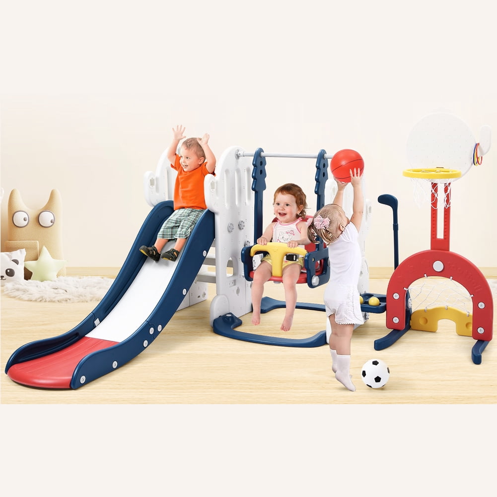 5 in 1 Toddlers Slide and Swing Set, Kids Slides w/Climber, Basketball Hoop, Ball, Indoor Outdoor Playground Swing Slide Set