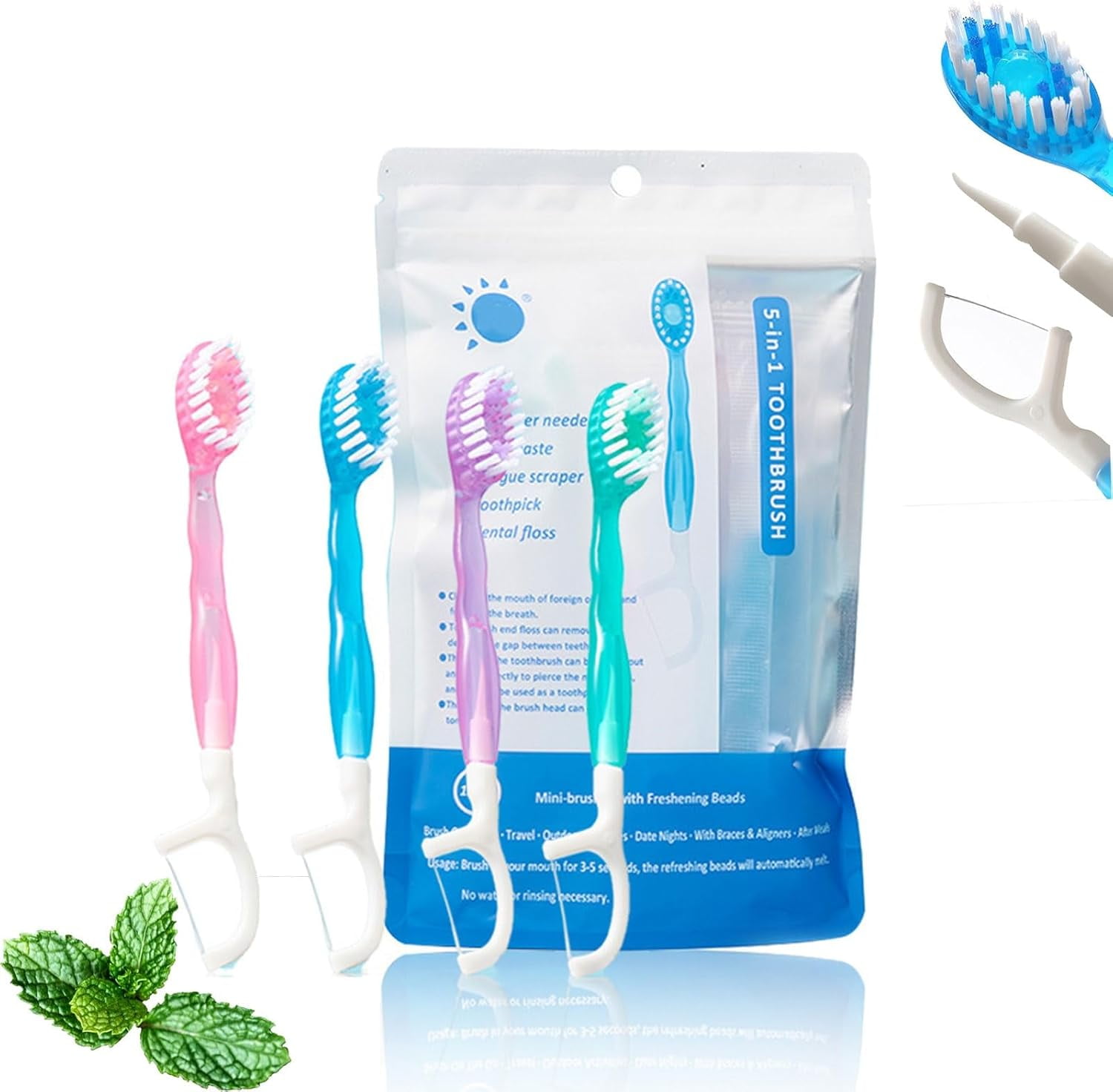5 in 1 Toothbrush & Floss, All in One Oral Care on The Go, Tongue Scraper & Toothpick Set, Portable Travel Disposable Individually Wrapped(12 pcs)