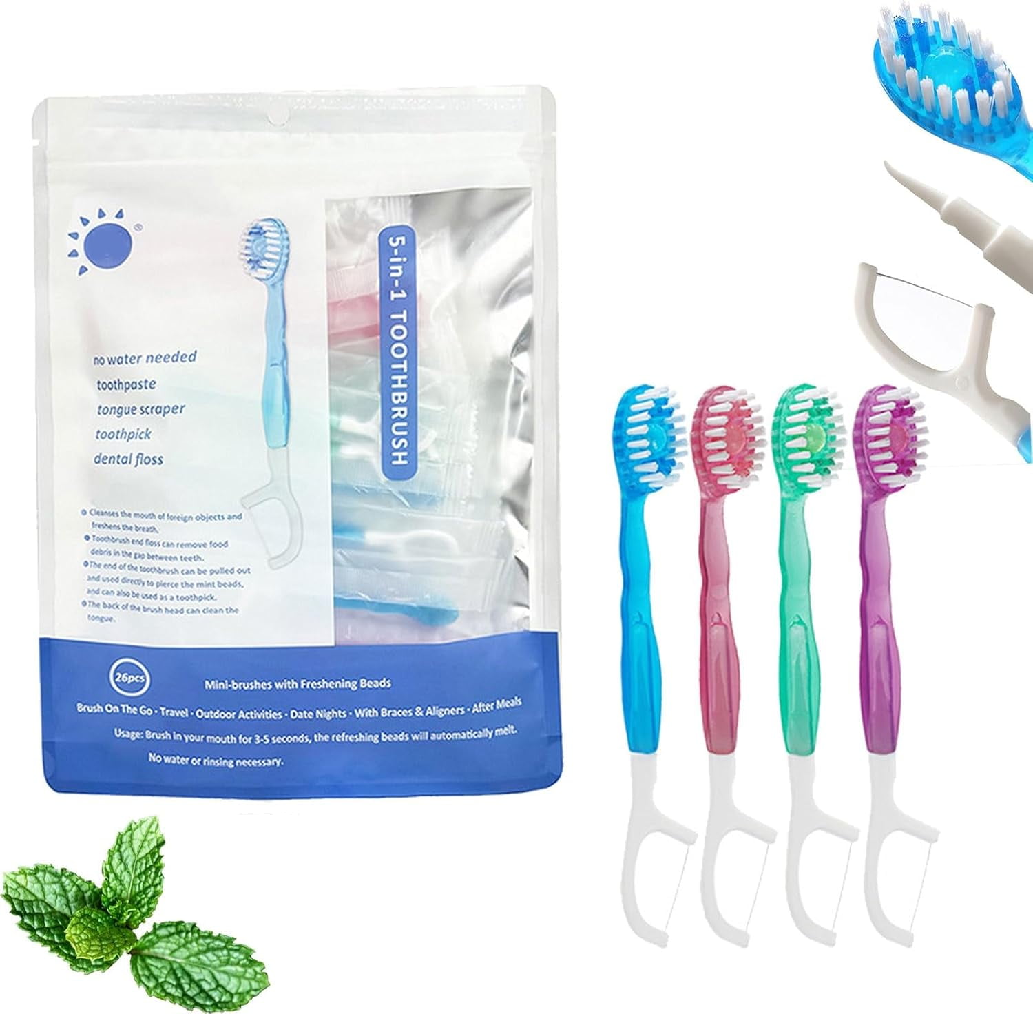 5 in 1 Toothbrush & Floss, All in One Oral Care on The Go, Tongue Scraper & Toothpick Set, Portable Travel Disposable Individually Wrapped(12 pcs)